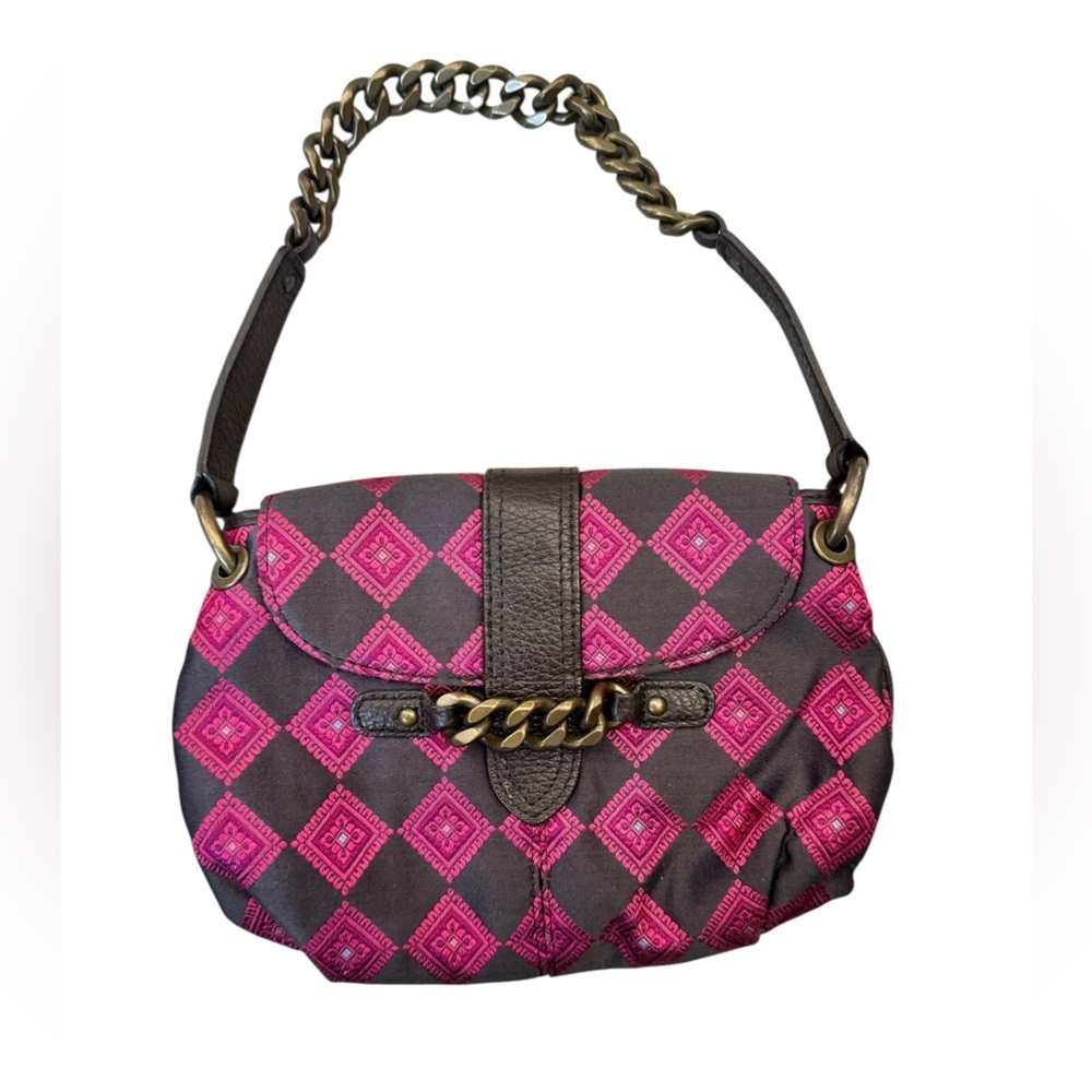 J.Crew Silk Shoulder Bag Pink Geometric Print Brown Leather Chain Strap Y2K Chic